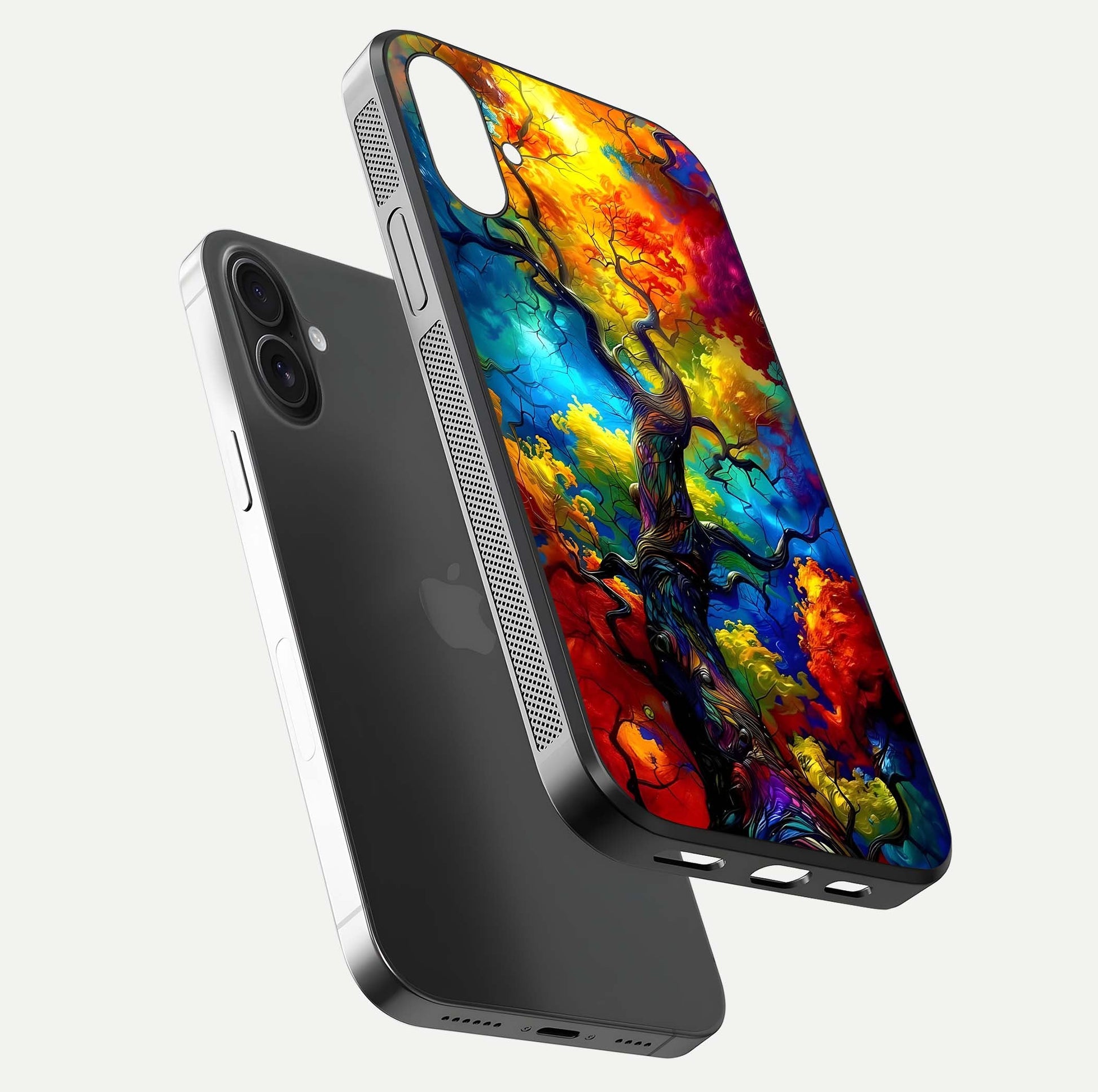 Colorful Tree Glass Case for iPhone 16 Plus floating mockup showing reflection gloss and vivid hues