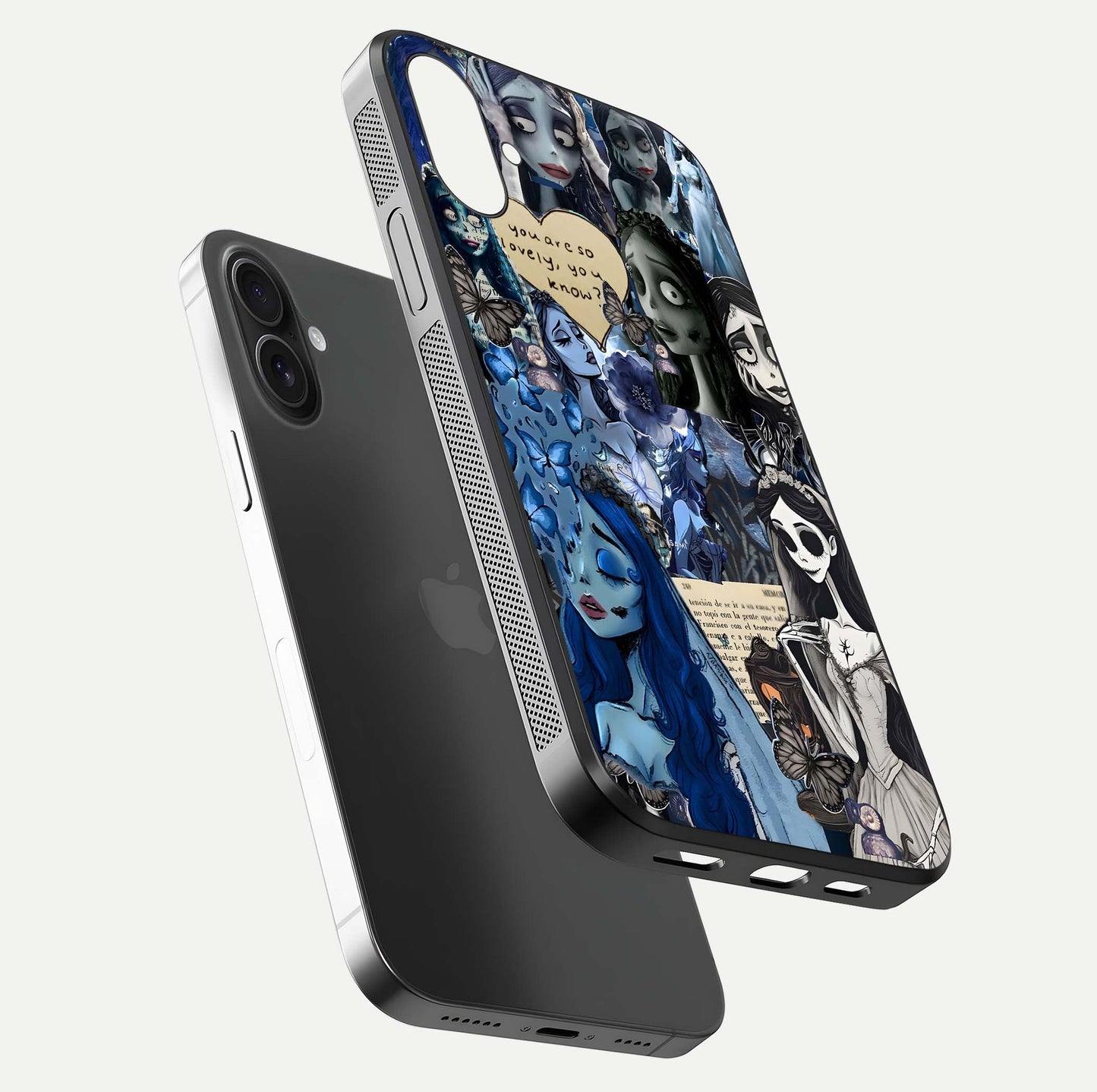 Corpse Bride Posters Glass Case for iPhone 16 Plus floating mockup showing shine texture and clear design