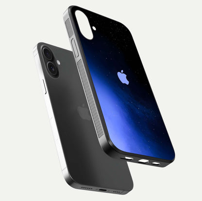 Cosmic Blue Apple Glass Case for iPhone 16 Plus floating mockup showing HD gloss and deep space gradient