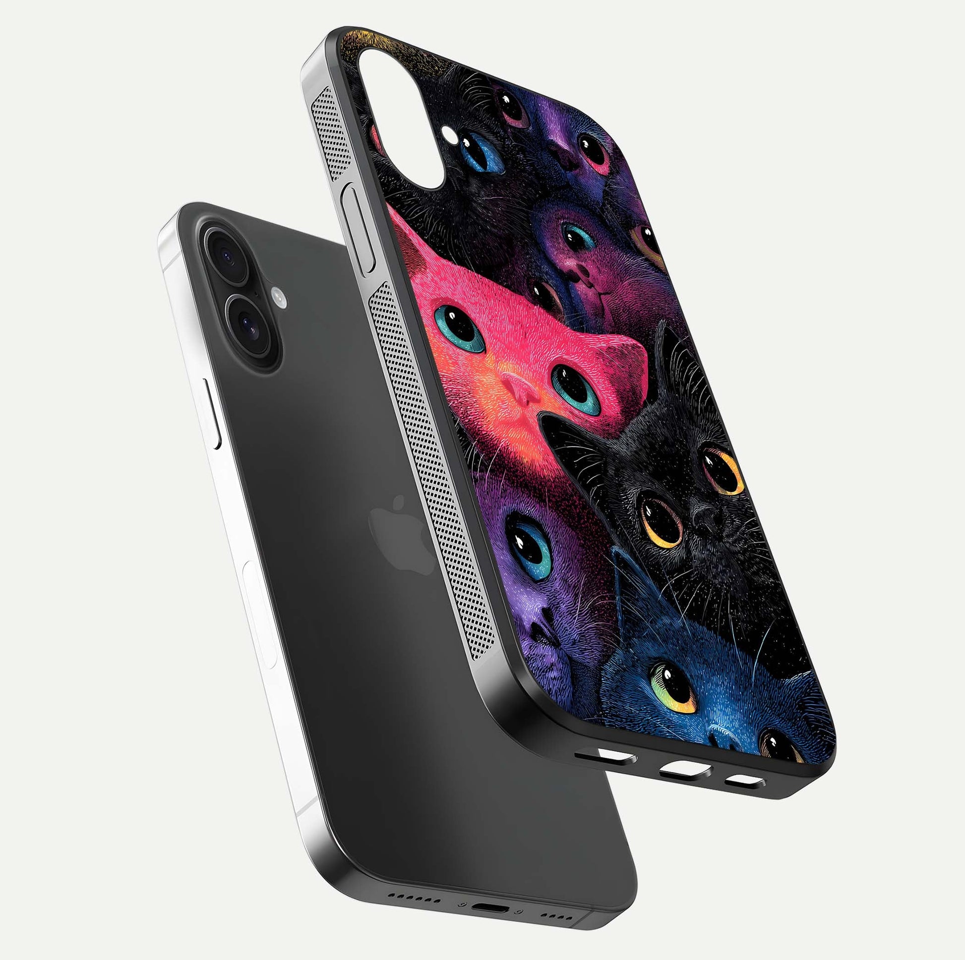 Cosmic Cats Dreams Glass Case for iPhone 16 Plus floating mockup showing star details and polish reflection