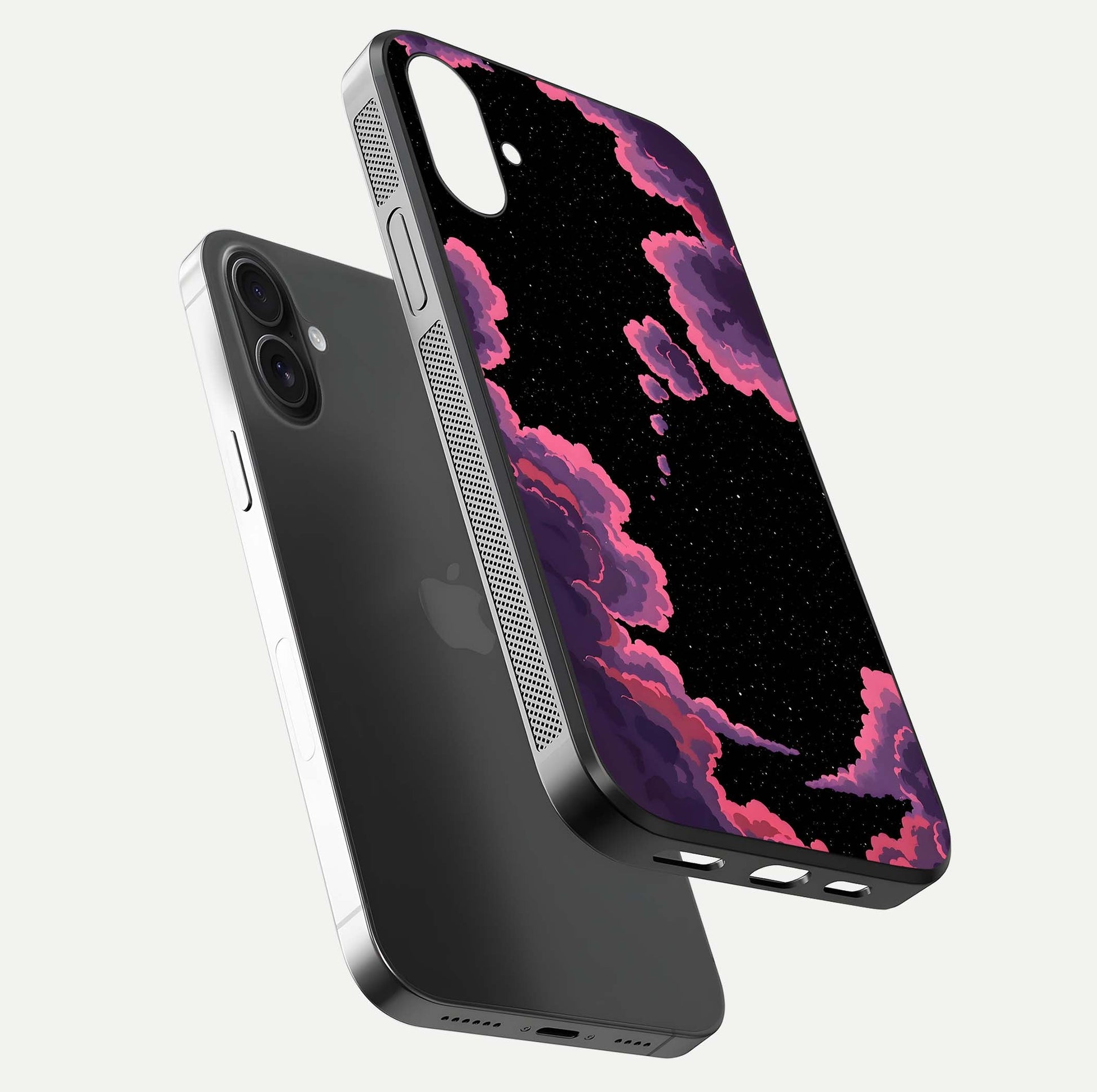 Cosmic Cloud Journey Glass Case for iPhone 16 Plus floating mockup showing HD gloss and cosmic gradient