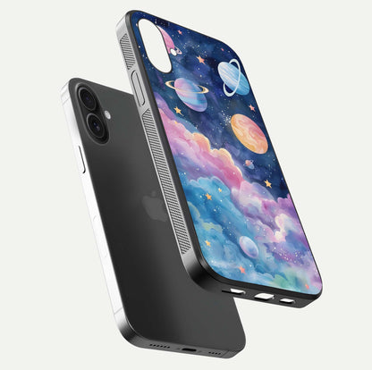 Cosmic Planet Dreams Glass Case for iPhone 16 Plus floating mockup showing HD gloss and cosmic reflection