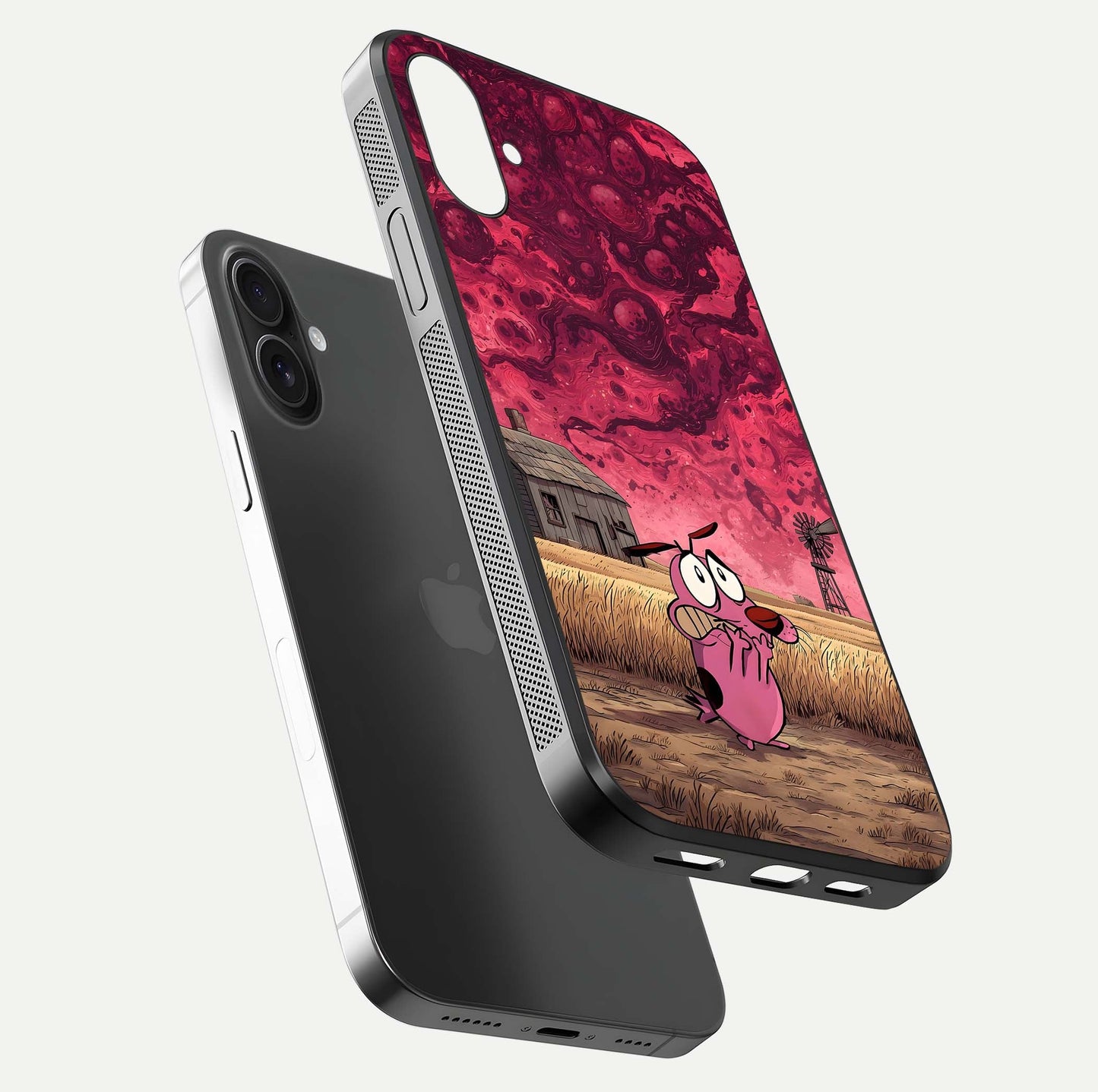 Courage Under Sky Glass Case for iPhone 16 Plus floating mockup showing shine reflection and clean edges