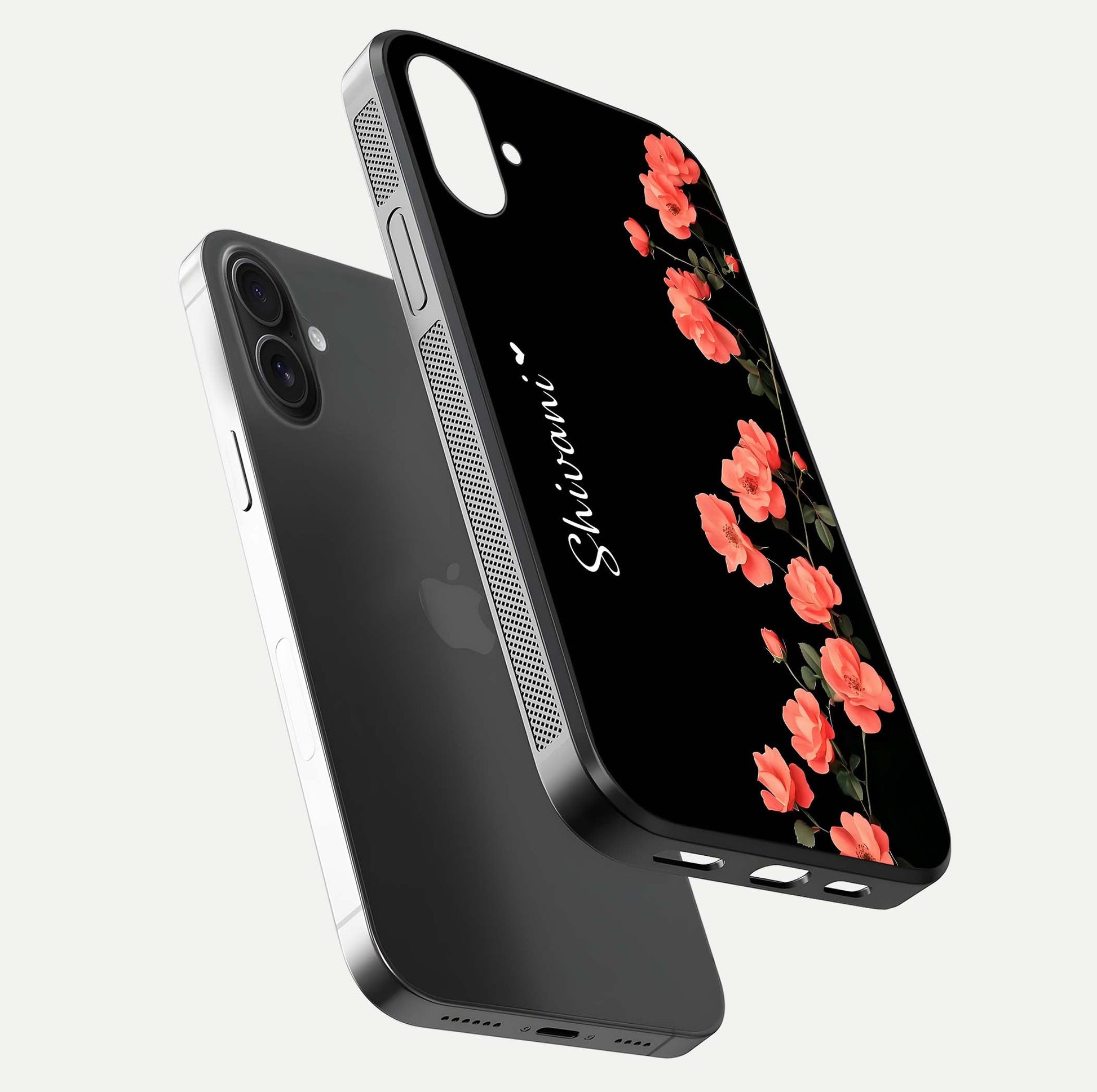 Crimson Bloom Grace Custom Name Glass Case for iPhone 16 Plus floating mockup showing HD gloss and floral tones