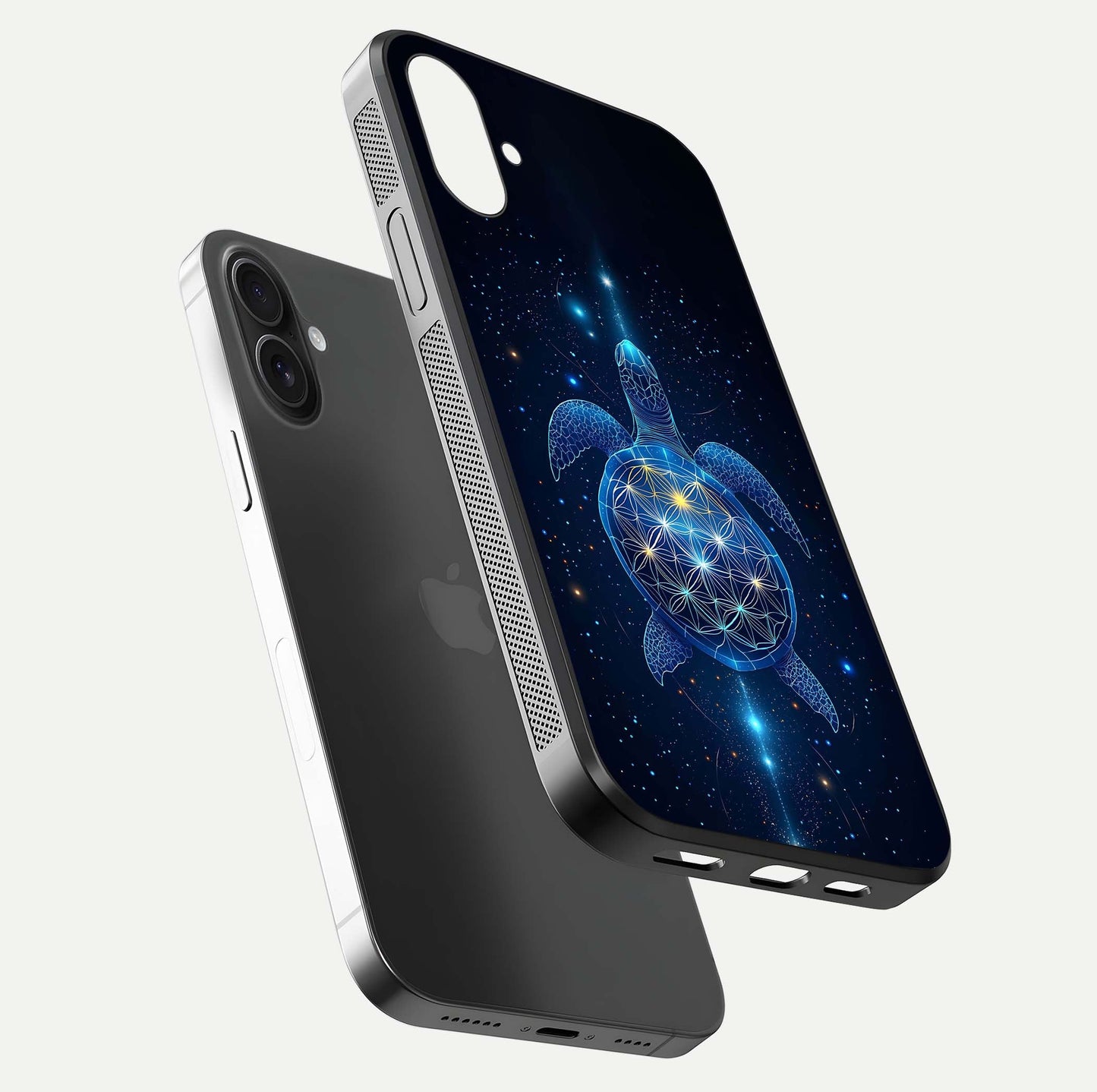 Crimson Blue Turtle Glass Case for iPhone 16 Plus floating mockup showing reflection polish and deep hues