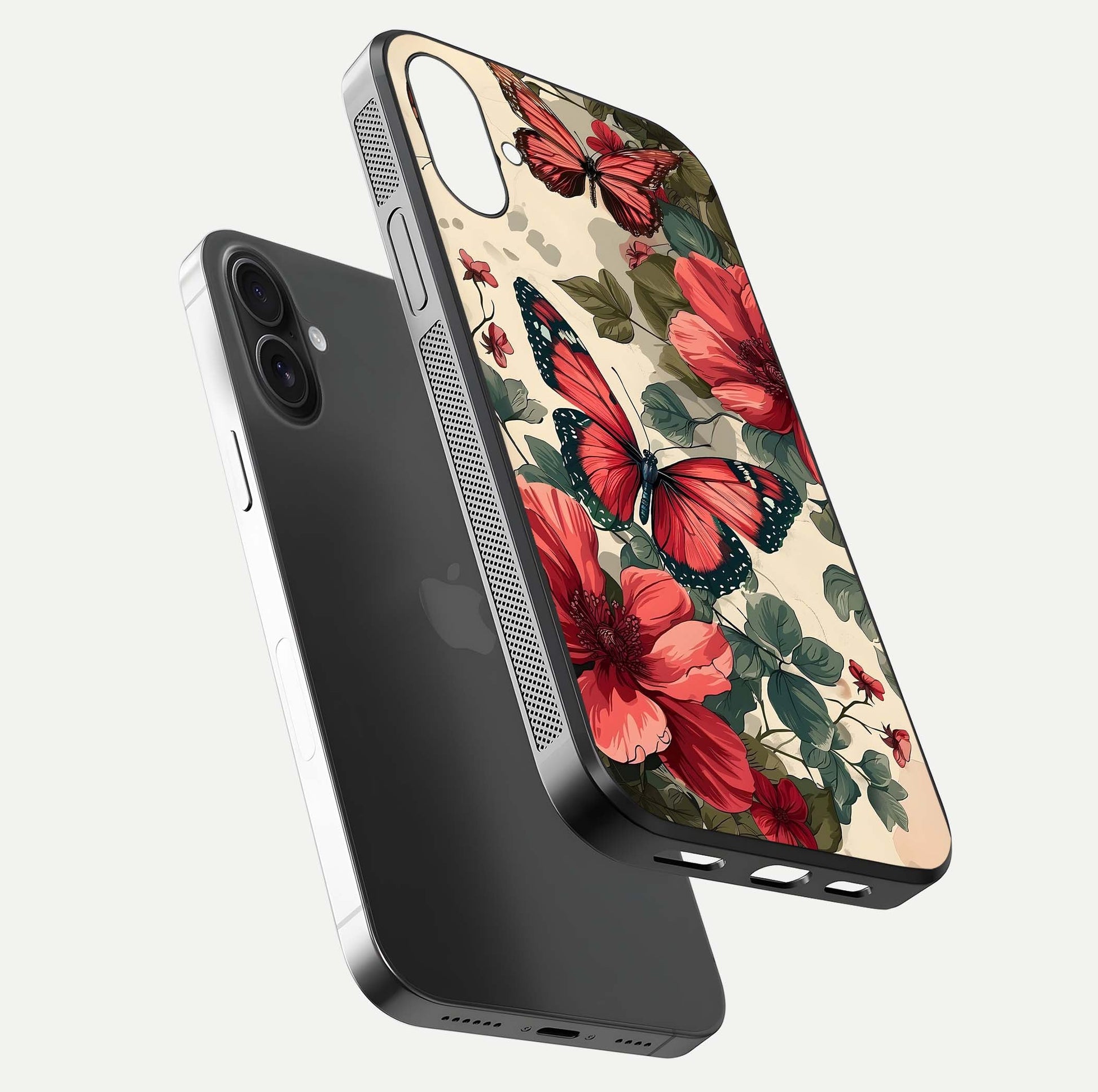 Crimson Butterfly Garden Glass Case for iPhone 16 Plus floating mockup showing HD gloss and vivid art