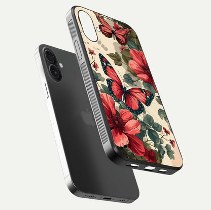 Crimson Butterfly Garden Glass Case for iPhone 16 Plus floating mockup showing HD gloss and vivid art
