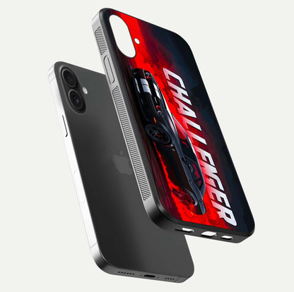 Crimson Challenger Fury Glass Case for iPhone 16 Plus floating mockup showing HD gloss and sleek shine