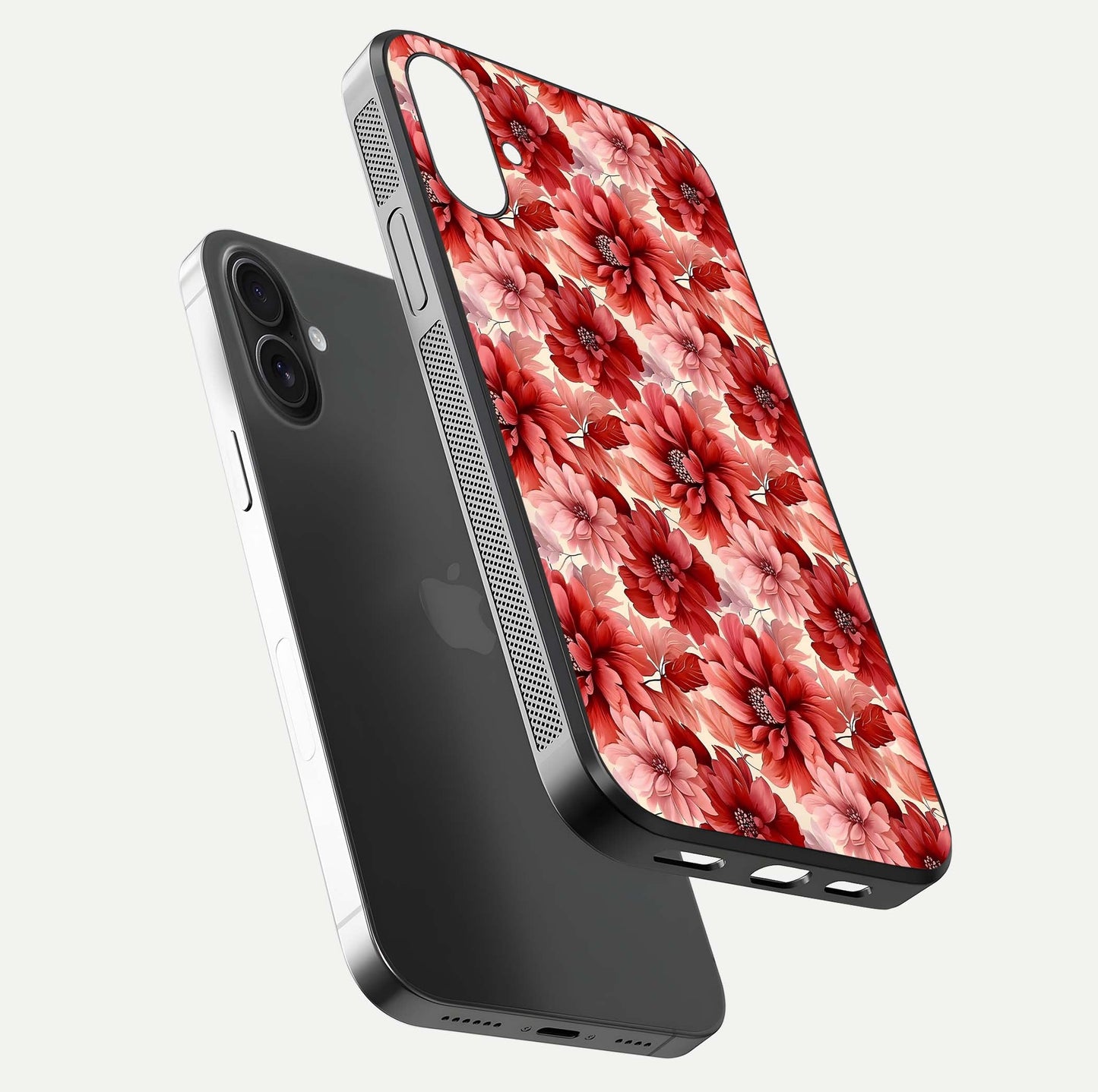 Crimson Love Petals Glass Case for iPhone 16 Plus floating mockup showing HD gloss and vivid detail