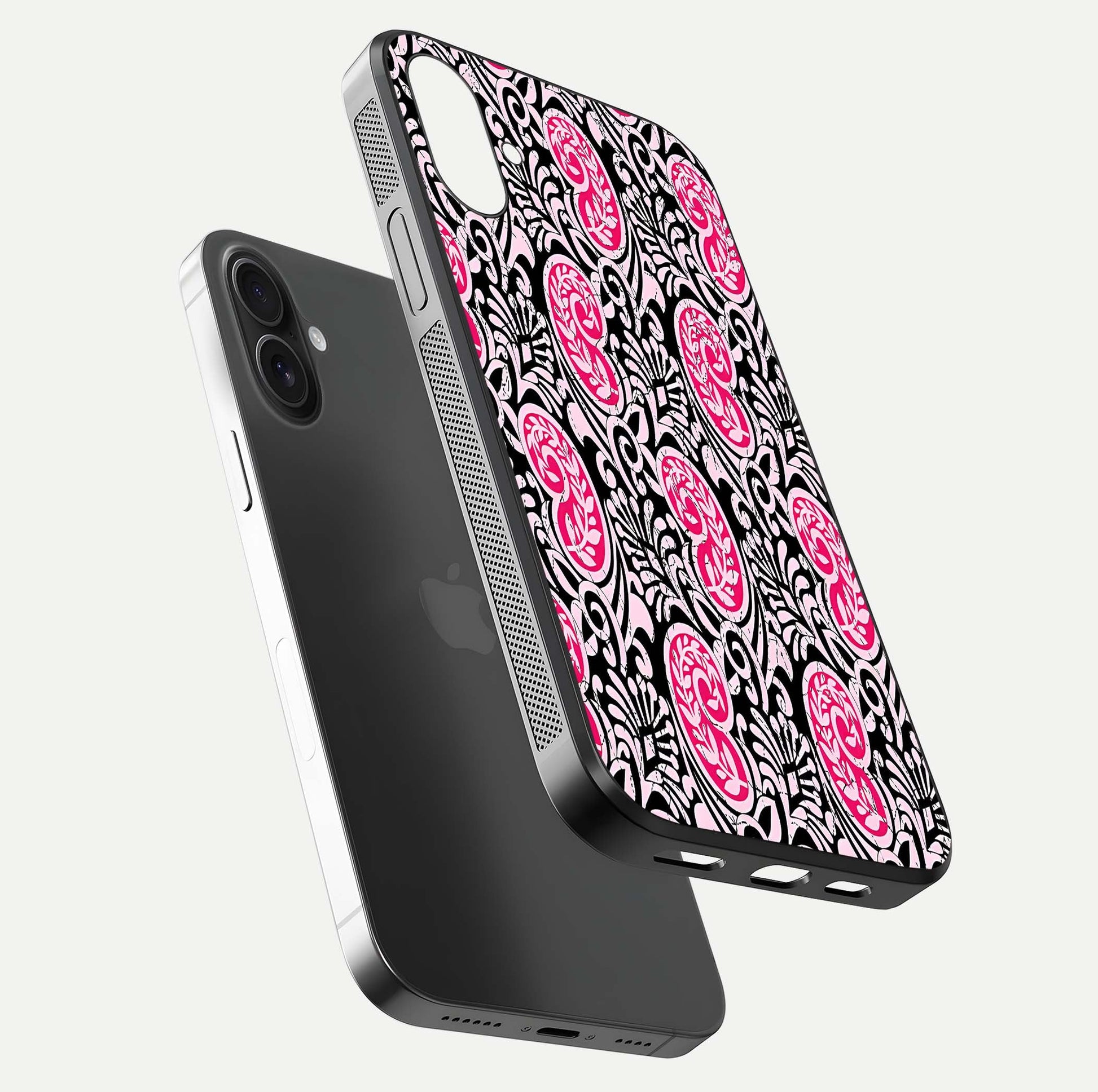 Crimson Paisley Charm Glass Case for iPhone 16 Plus floating mockup showing gloss shine and texture clarity