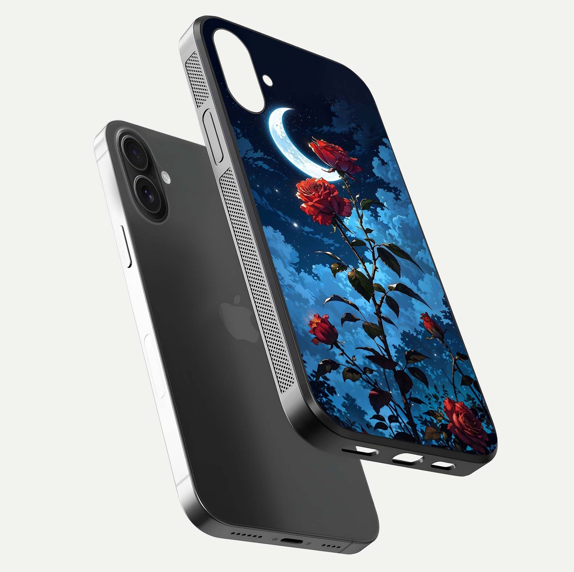 Crimson Rose Moon Glass Case for iPhone 16 Plus floating mockup showing HD shine and elegant contrast