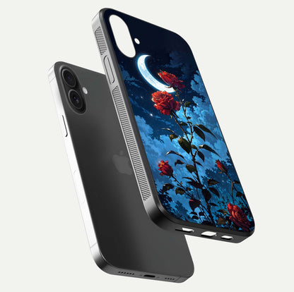 Crimson Rose Moon Glass Case for iPhone 16 Plus floating mockup showing HD shine and elegant contrast