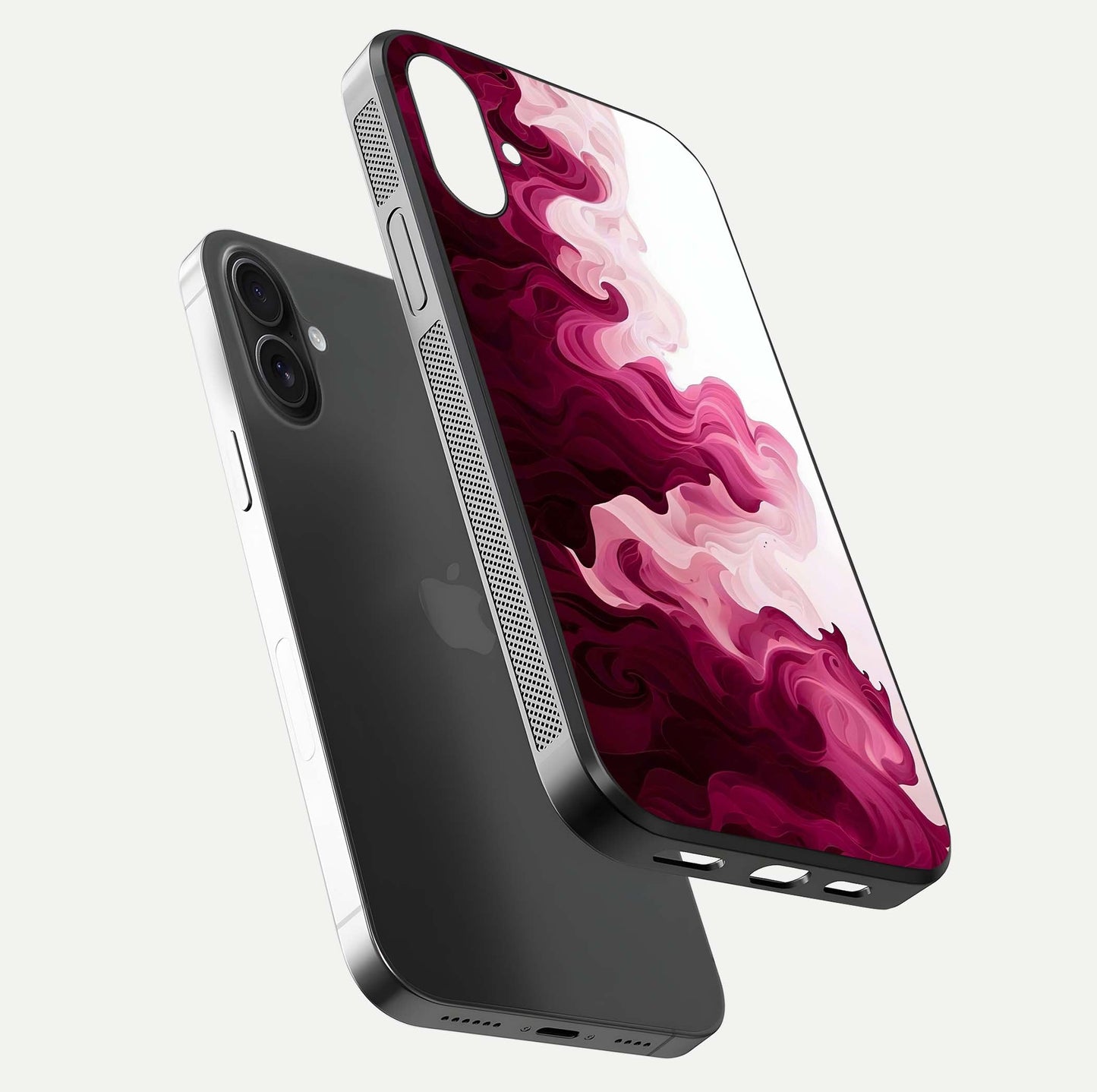 Crimson Wave Flow Glass Case for iPhone 16 Plus floating mockup showing gloss shine and smooth edge