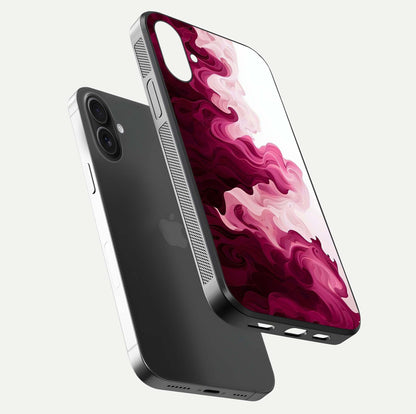 Crimson Wave Flow Glass Case for iPhone 16 Plus floating mockup showing gloss shine and smooth edge