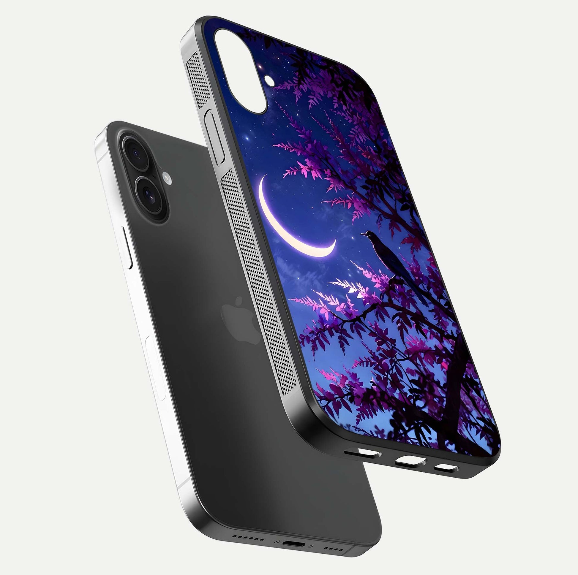 Crow & Moon Scenery Glass Case for iPhone 16 Plus floating mockup showing HD gloss texture and soft moonlight glow