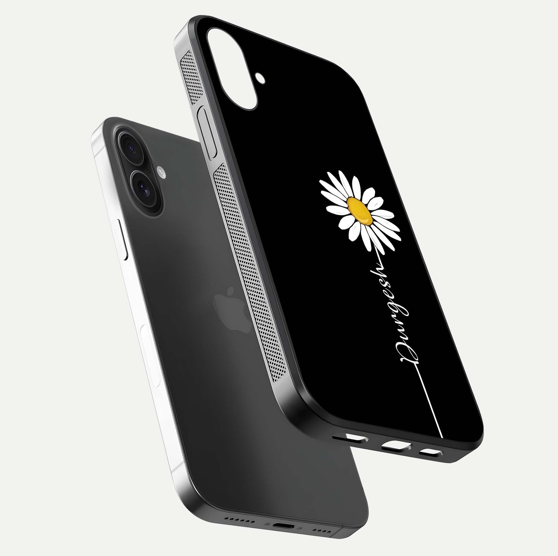 Custom Name White Flower Glass Case for iPhone 16 Plus floating mockup displaying HD gloss and delicate texture