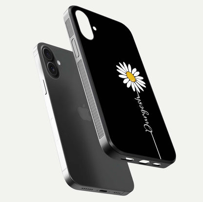 Custom Name White Flower Glass Case for iPhone 16 Plus floating mockup displaying HD gloss and delicate texture