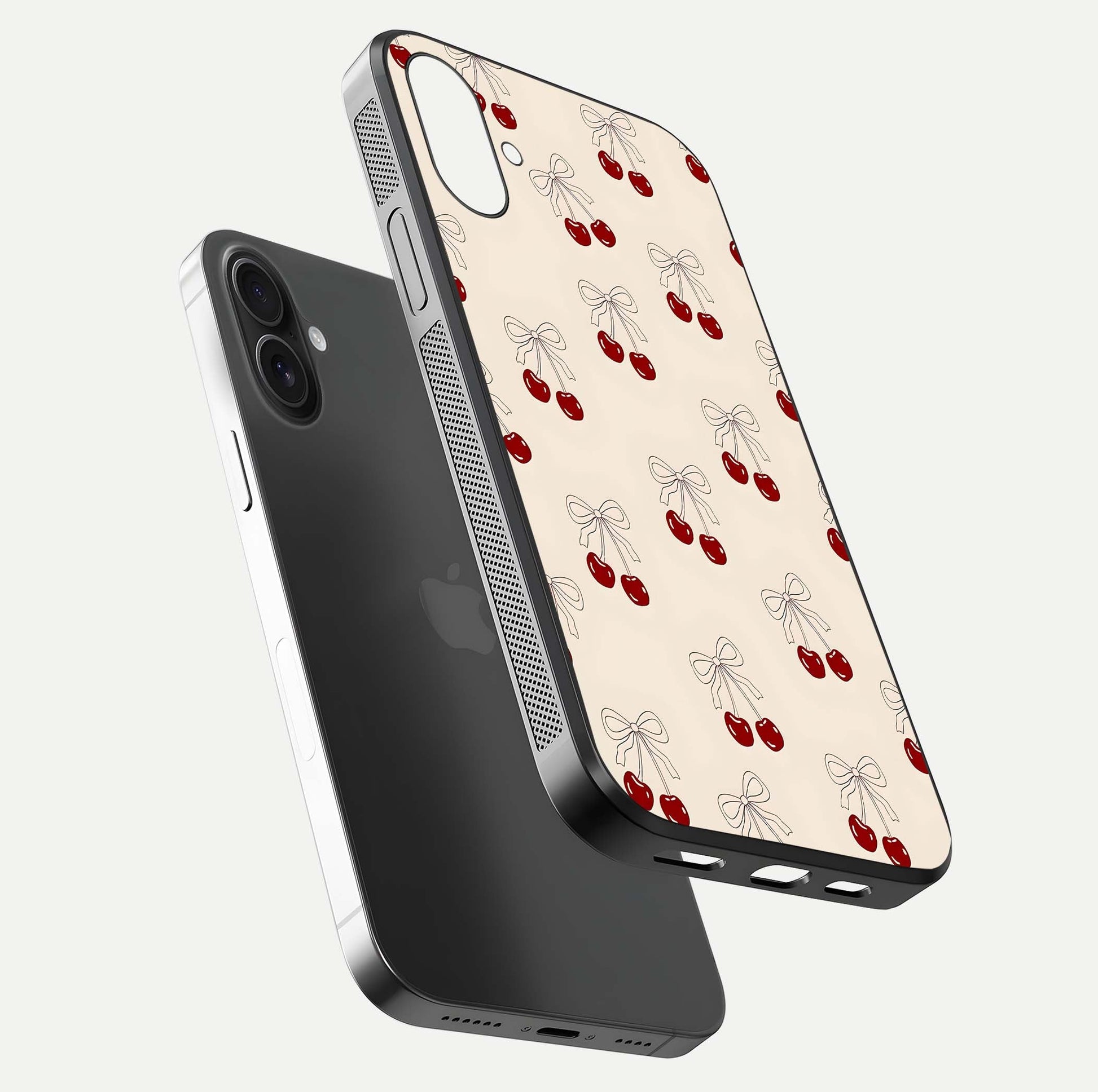 Cute Cherry Pattern Glass Case for iPhone 16 Plus floating mockup showing HD gloss shine and clear tones