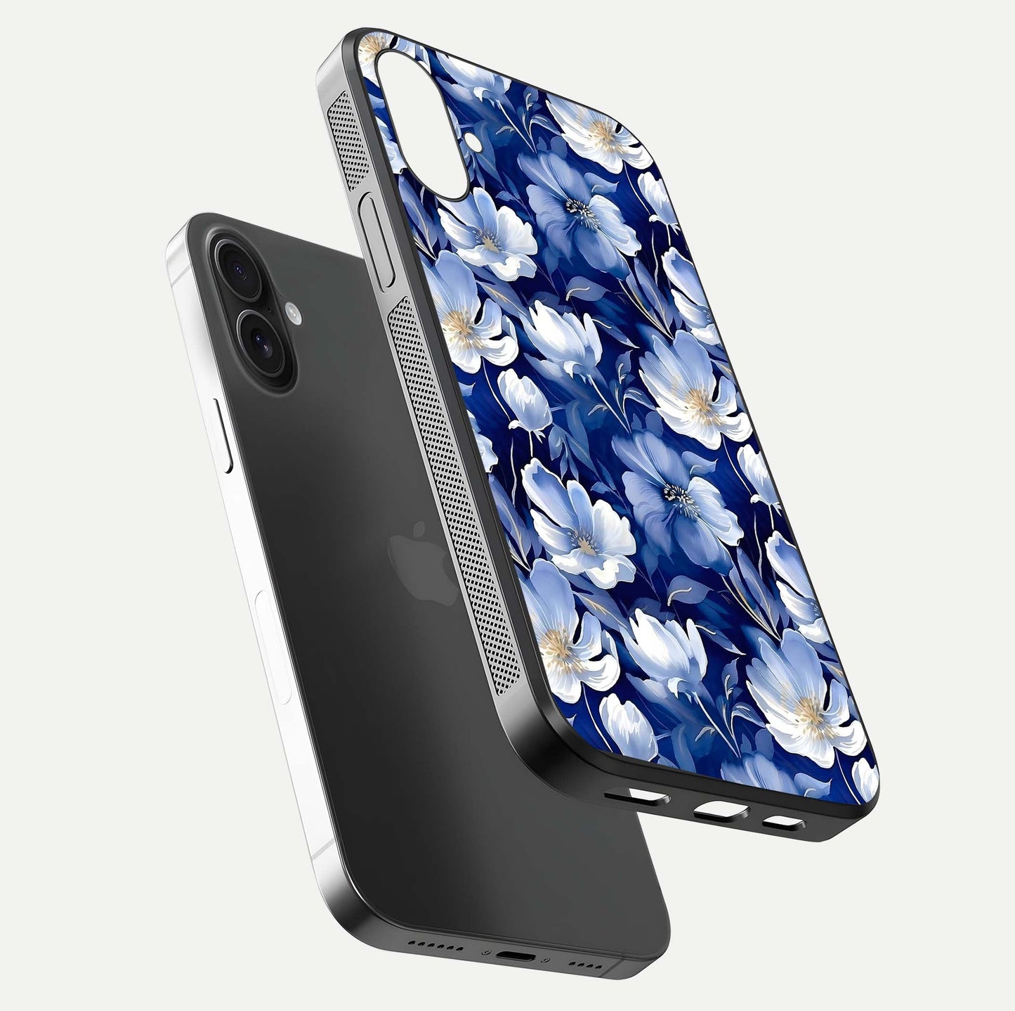 Cute Floral Patterns Glass Case for iPhone 16 Plus floating mockup showing shine depth and design clarity