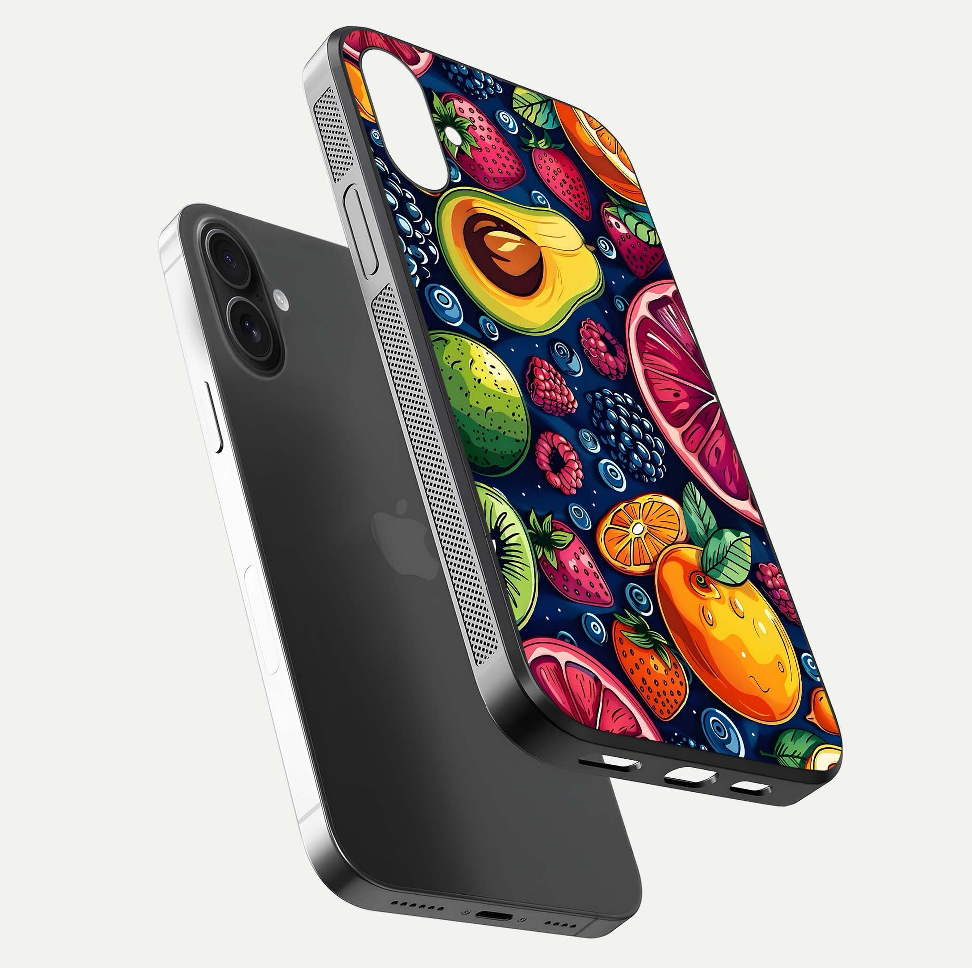 Cute Fruits Art Glass Case for iPhone 16 Plus floating mockup showing gloss brightness and vivid artwork