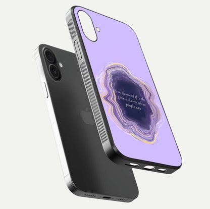 Damned People Quote Glass Case for iPhone 16 Plus floating mockup showing gloss reflection and text balance