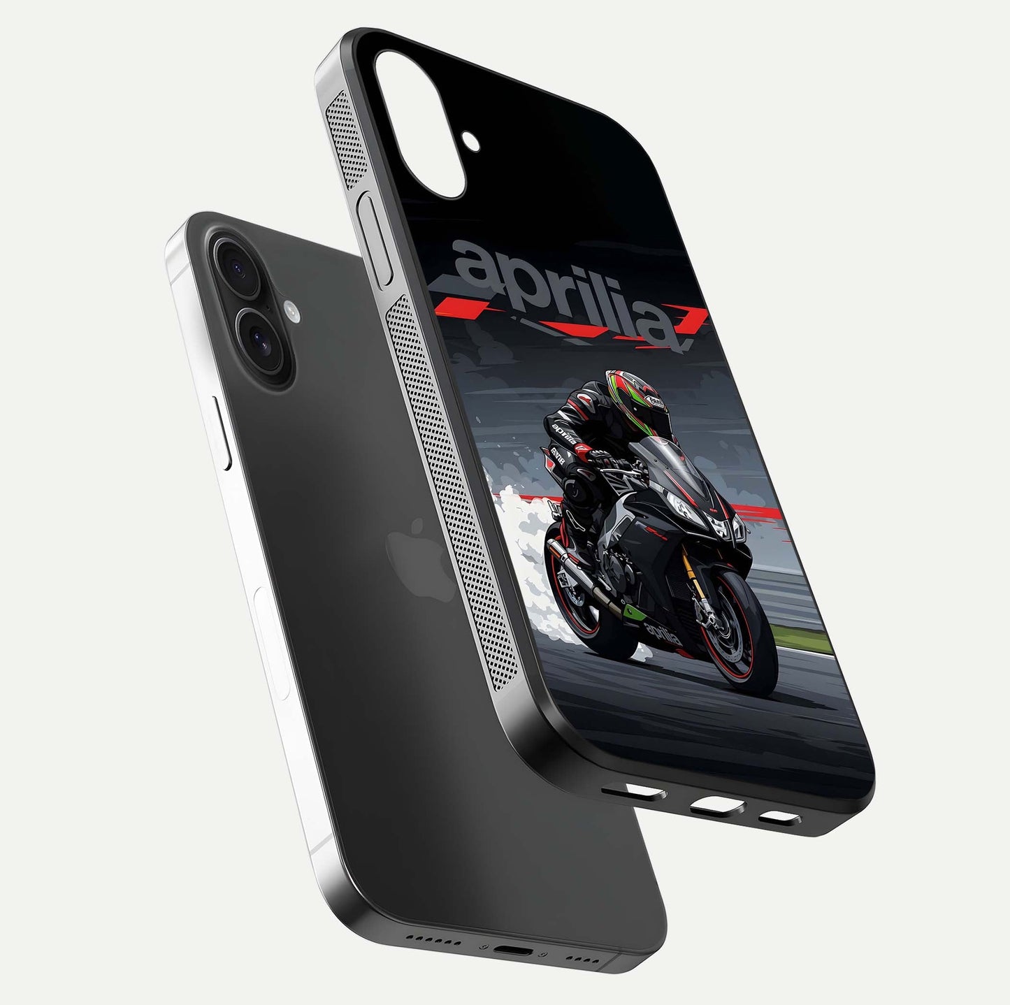 Dark Aprilla Glass Case for iPhone 16 Plus floating mockup showing glossy contrast and texture clarity