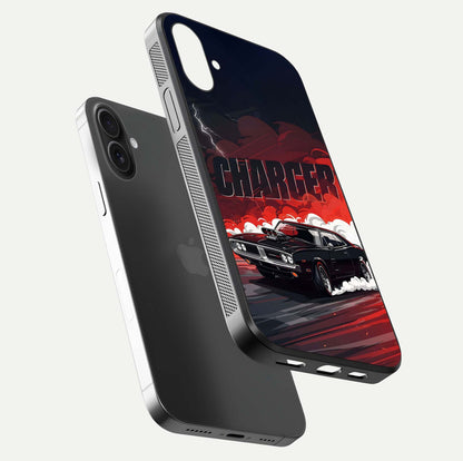 Dark Charger Fury Glass Case for iPhone 16 Plus floating mockup showing reflection depth and shiny surface