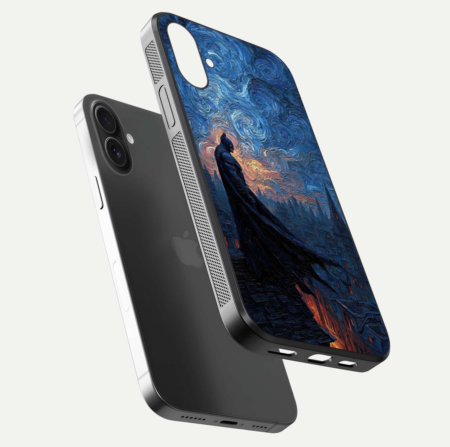 Dark Knight Dusk Glass Case for iPhone 16 Plus floating mockup showing glossy depth and cinematic lighting