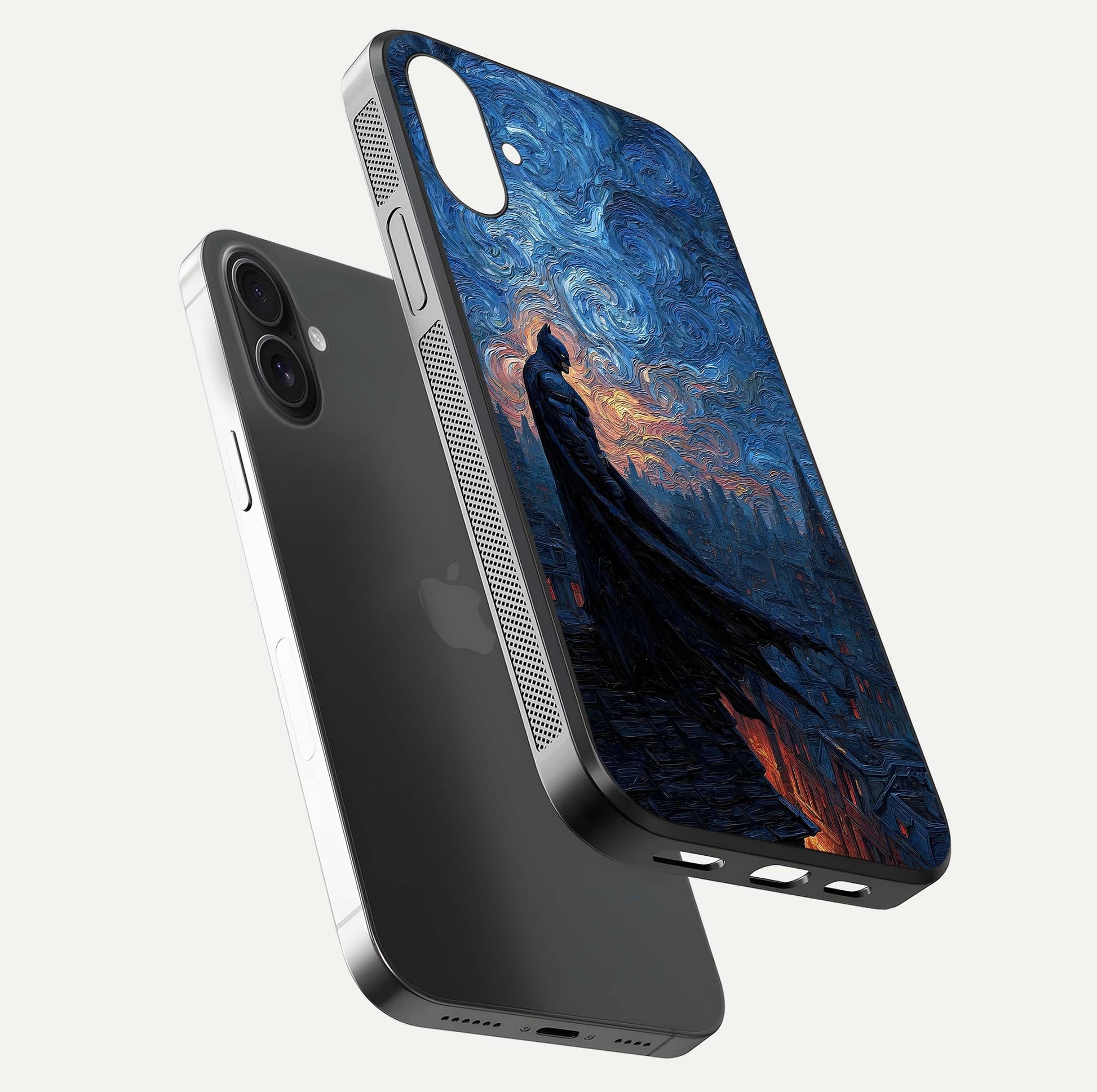 Dark Knight Dusk Glass Case for iPhone 16 Plus floating mockup showing glossy depth and cinematic lighting