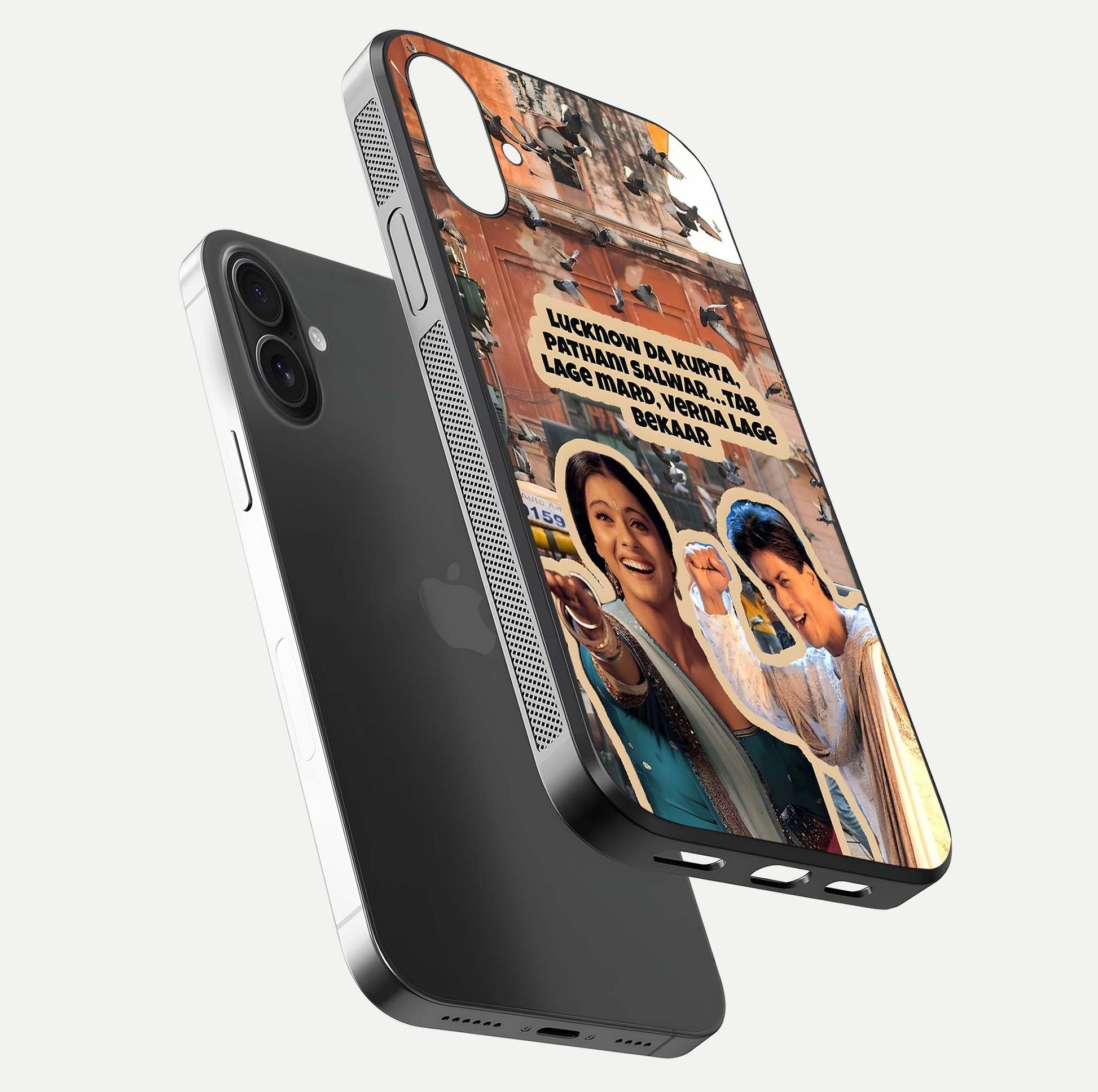 Desi Retro Vibes Glass Case for iPhone 16 Plus floating mockup showing shine polish and vivid tones
