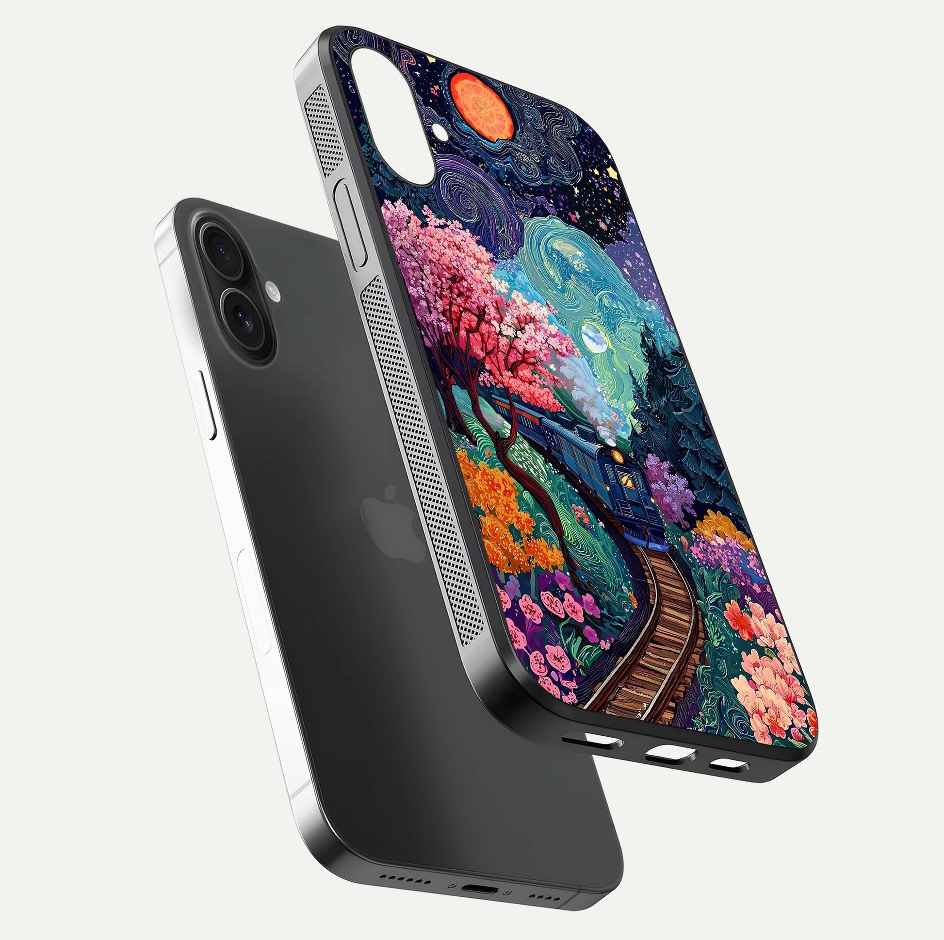 Digital Art Glass Case for iPhone 16 Plus floating mockup showing HD gloss and smooth reflection