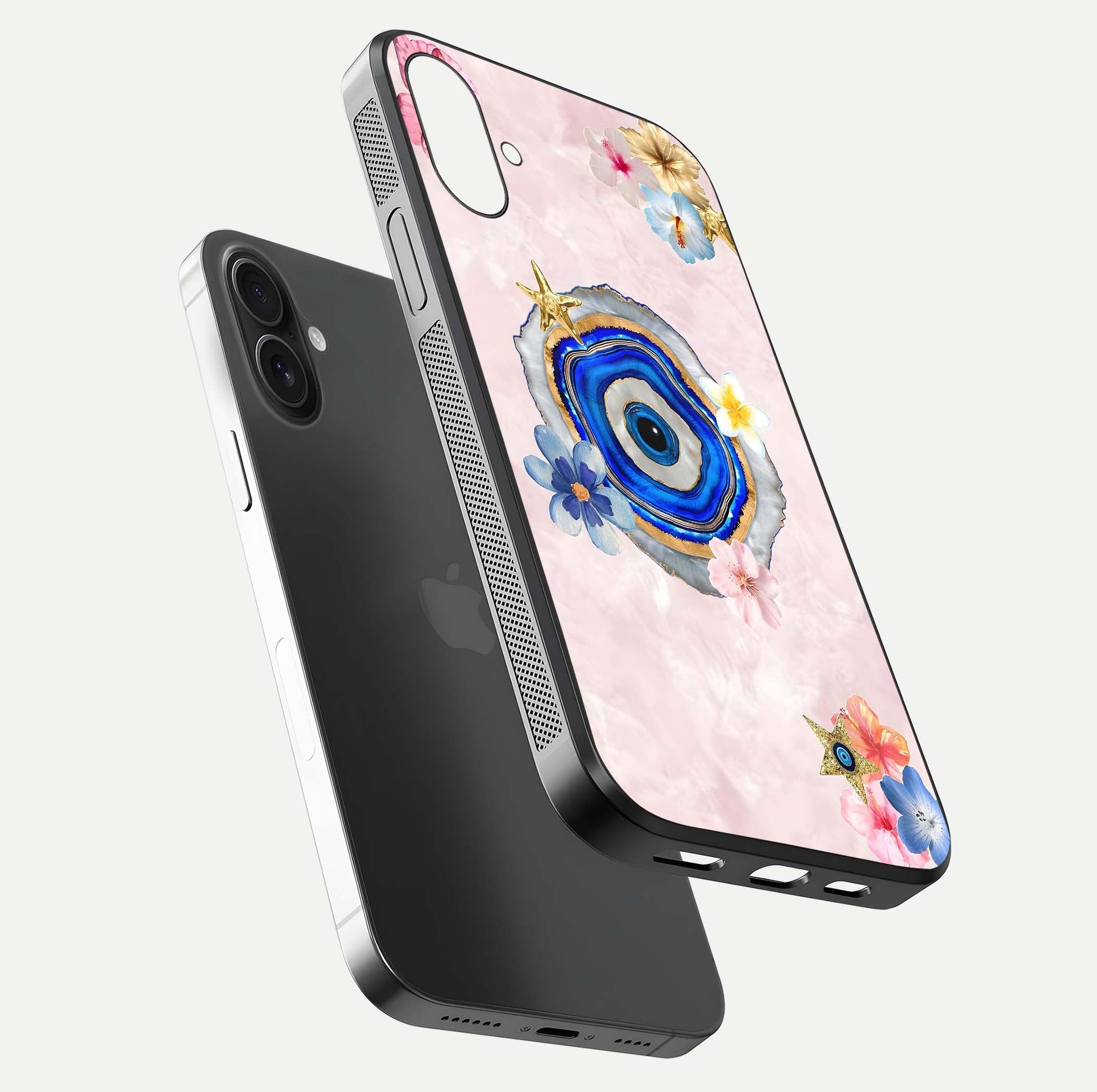 Divine Aura Bloom Glass Case for iPhone 16 Plus floating mockup showing gloss texture and elegant design