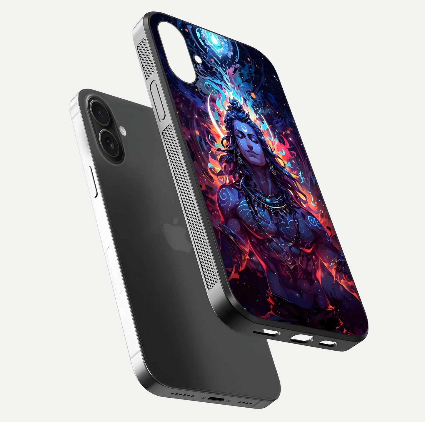 Divine Fire Shiv Glass Case for iPhone 16 Plus floating mockup showing glow texture and gloss finish
