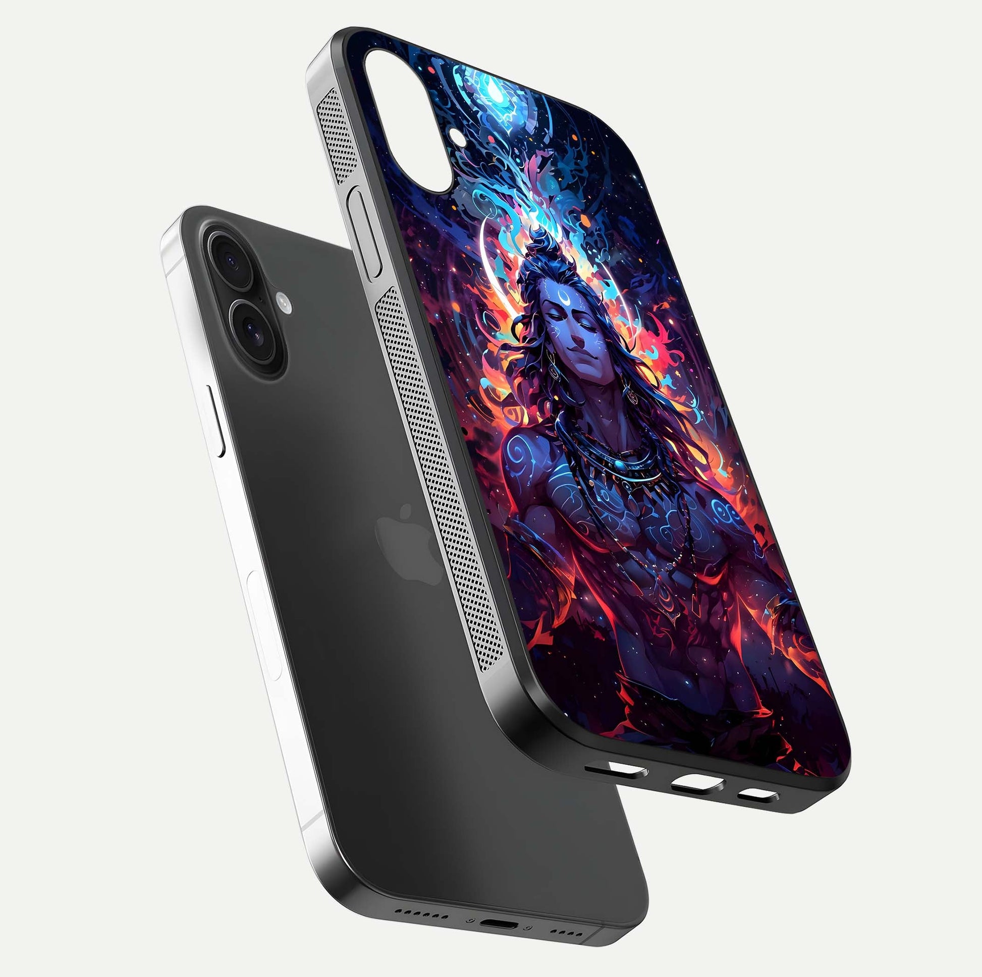 Divine Fire Shiv Glass Case for iPhone 16 Plus floating mockup showing glow texture and gloss finish