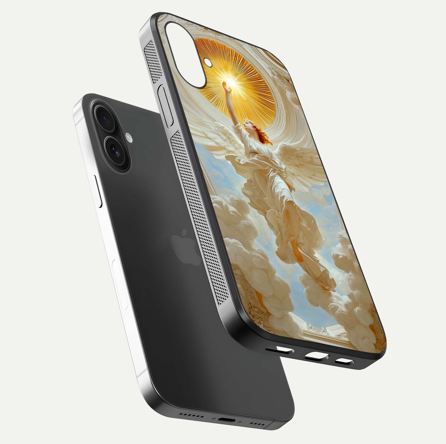 Divine Light Angel Glass Case for iPhone 16 Plus floating mockup showing gloss texture and radiant light