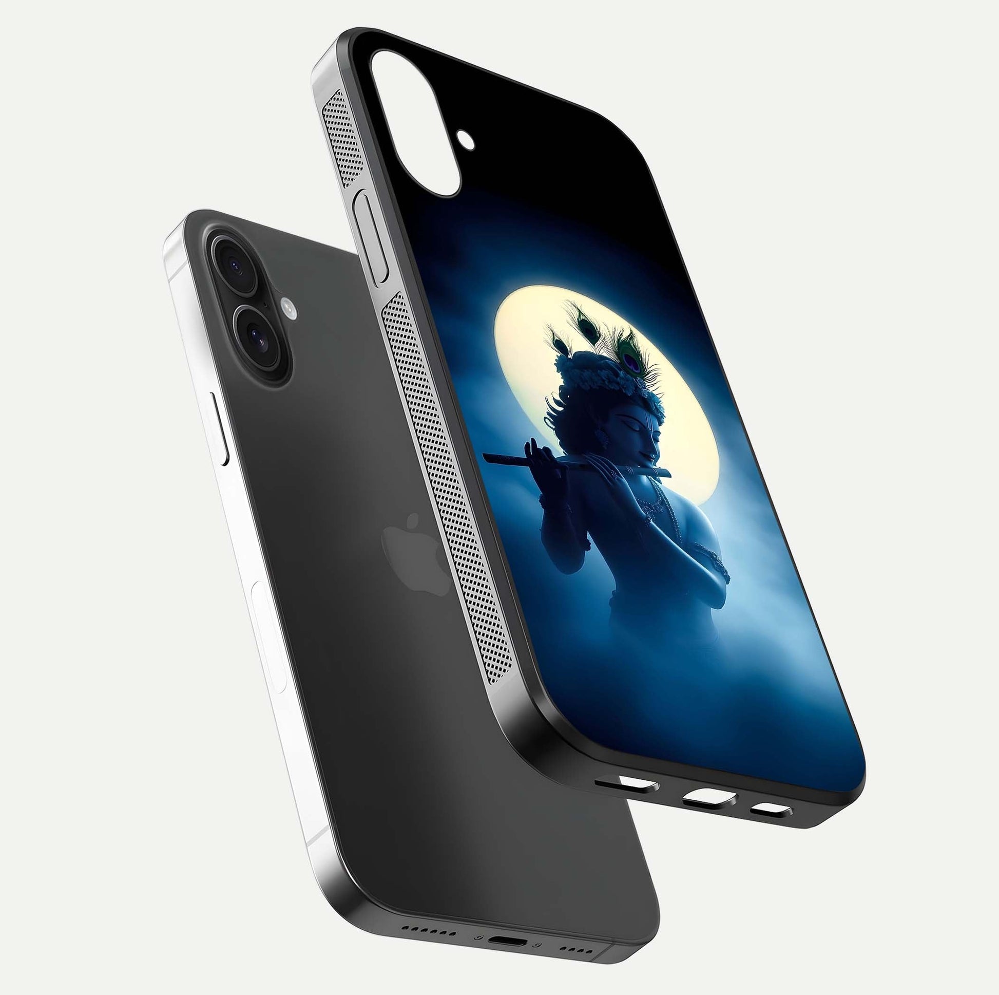 Divine Moon Flute Glass Case for iPhone 16 Plus floating mockup showing HD gloss and luminous texture