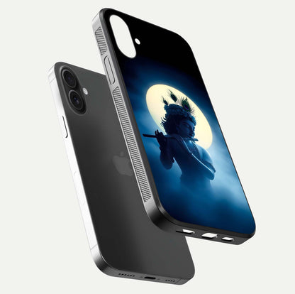 Divine Moon Flute Glass Case for iPhone 16 Plus floating mockup showing HD gloss and luminous texture