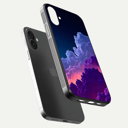Dreamy Cloud Skies Glass Case for iPhone 16 Plus floating mockup showing glossy depth and delicate tone