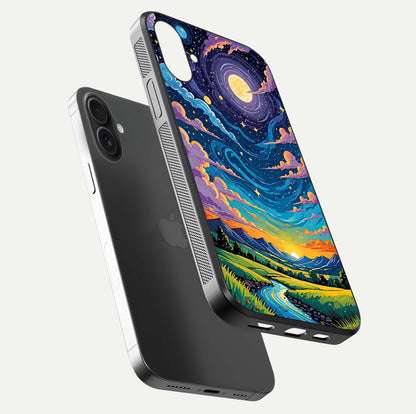 Dreamy Night Landscape Glass Case for iPhone 16 Plus floating mockup showing glossy depth and serene color