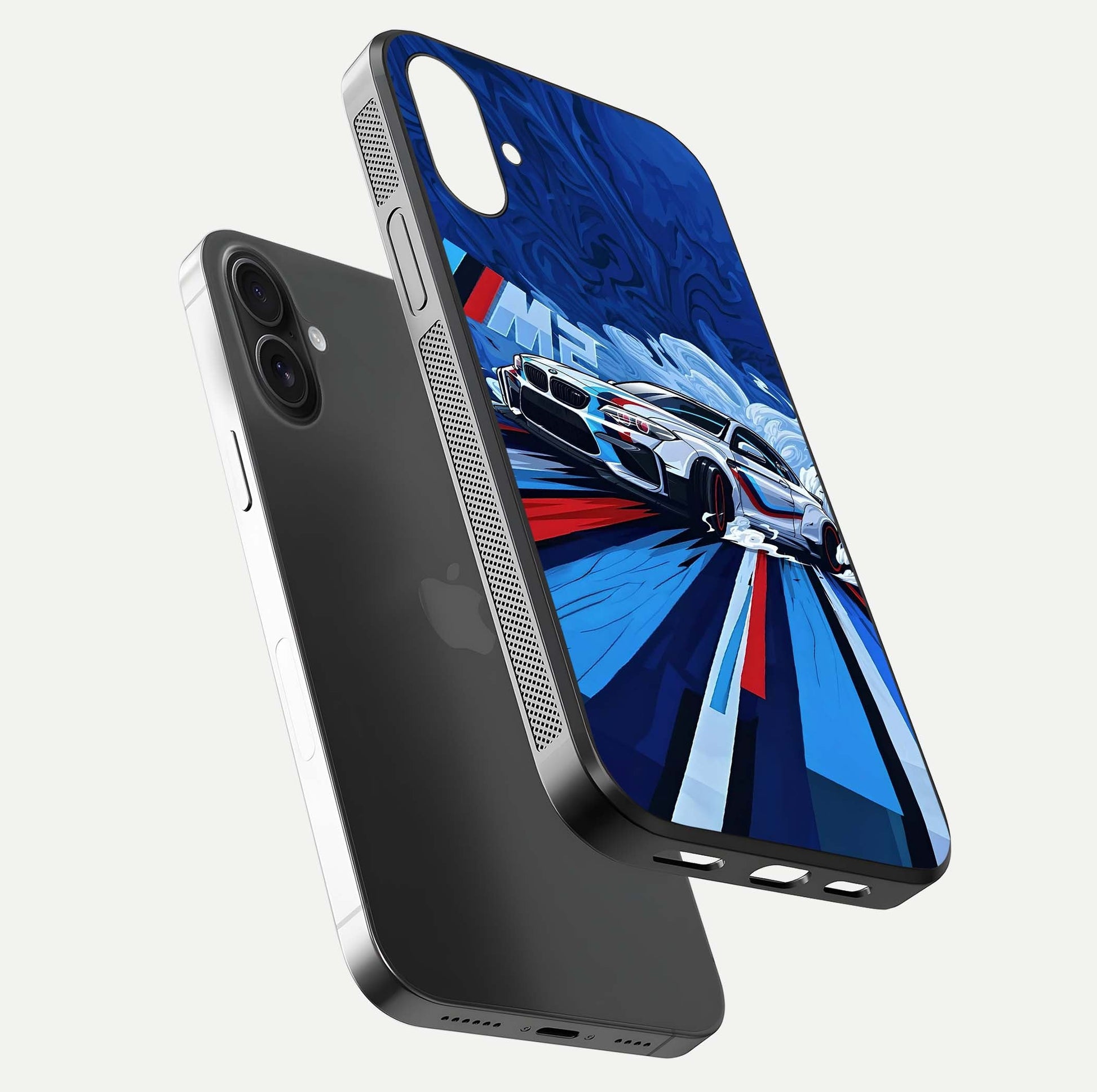 Drift Power Rush Glass Case for iPhone 16 Plus floating mockup showing gloss polish and speed-theme design