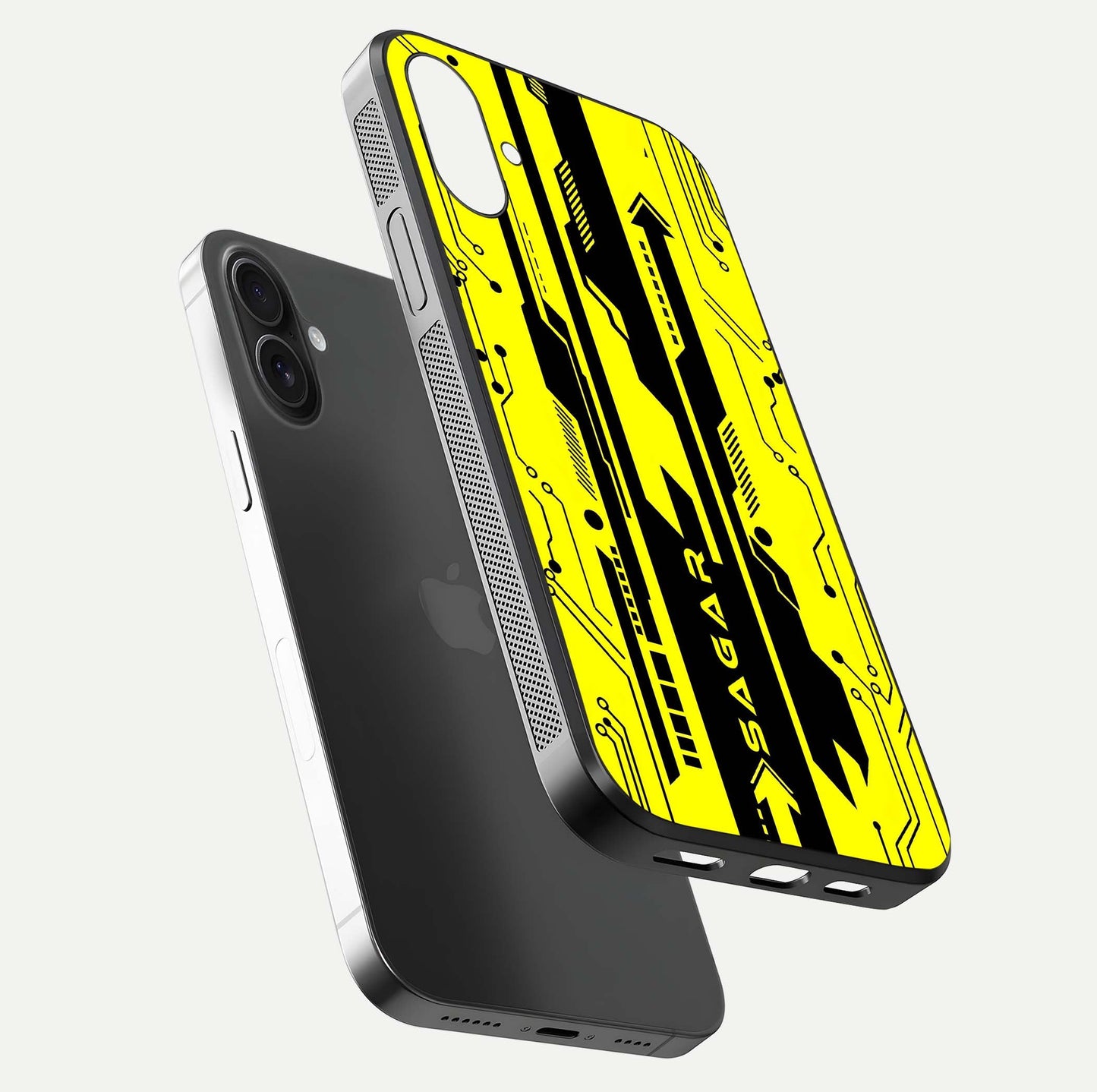 Electric Pulse CYBERPUNK Custom Name Glass Case for iPhone 16 Plus floating mockup showing HD gloss and vibrant cyberpunk glow