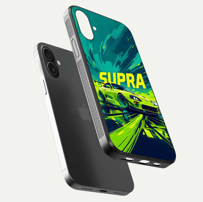 Electric Supra Thunder Glass Case for iPhone 16 Plus floating mockup showing gloss depth and energy glow