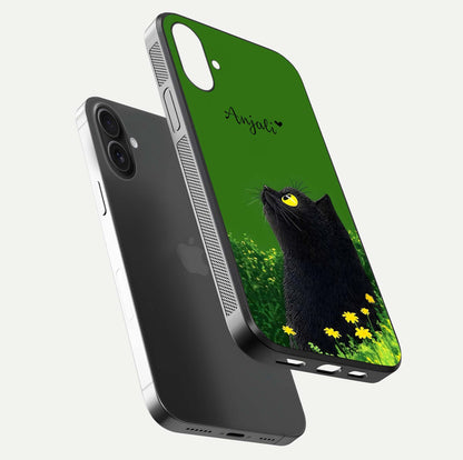 Emerald Cat Custom Name Glass Case for iPhone 16 Plus floating mockup showing HD gloss and soft gradient