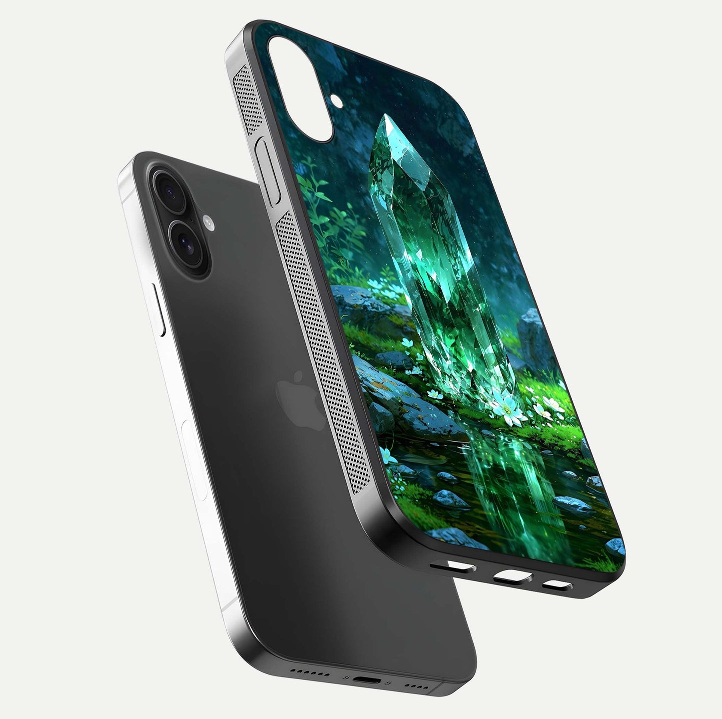 Emerald Light Crystal Glass Case for iPhone 16 Plus floating mockup showing glossy finish and radiant light pattern