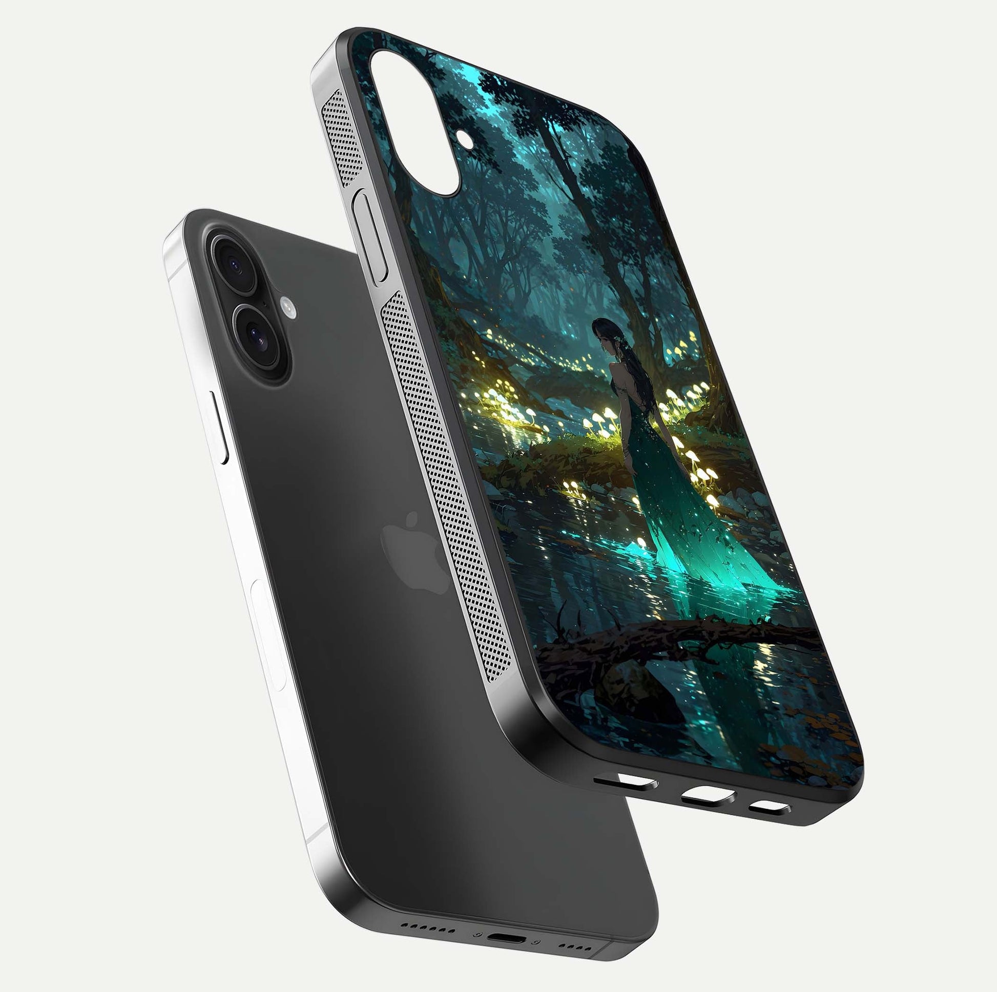 Enchanted Forest Glow Glass Case for iPhone 16 Plus floating mockup showing gloss polish and fantasy vibe