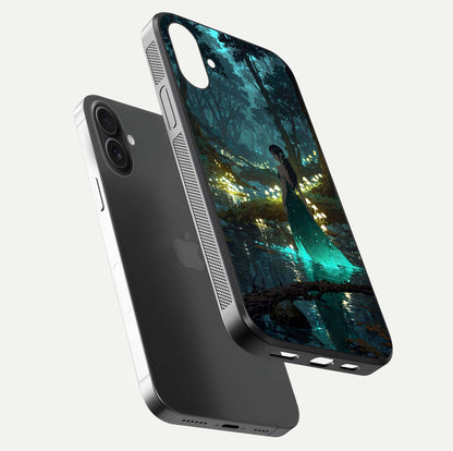 Enchanted Forest Glow Glass Case for iPhone 16 Plus floating mockup showing gloss polish and fantasy vibe