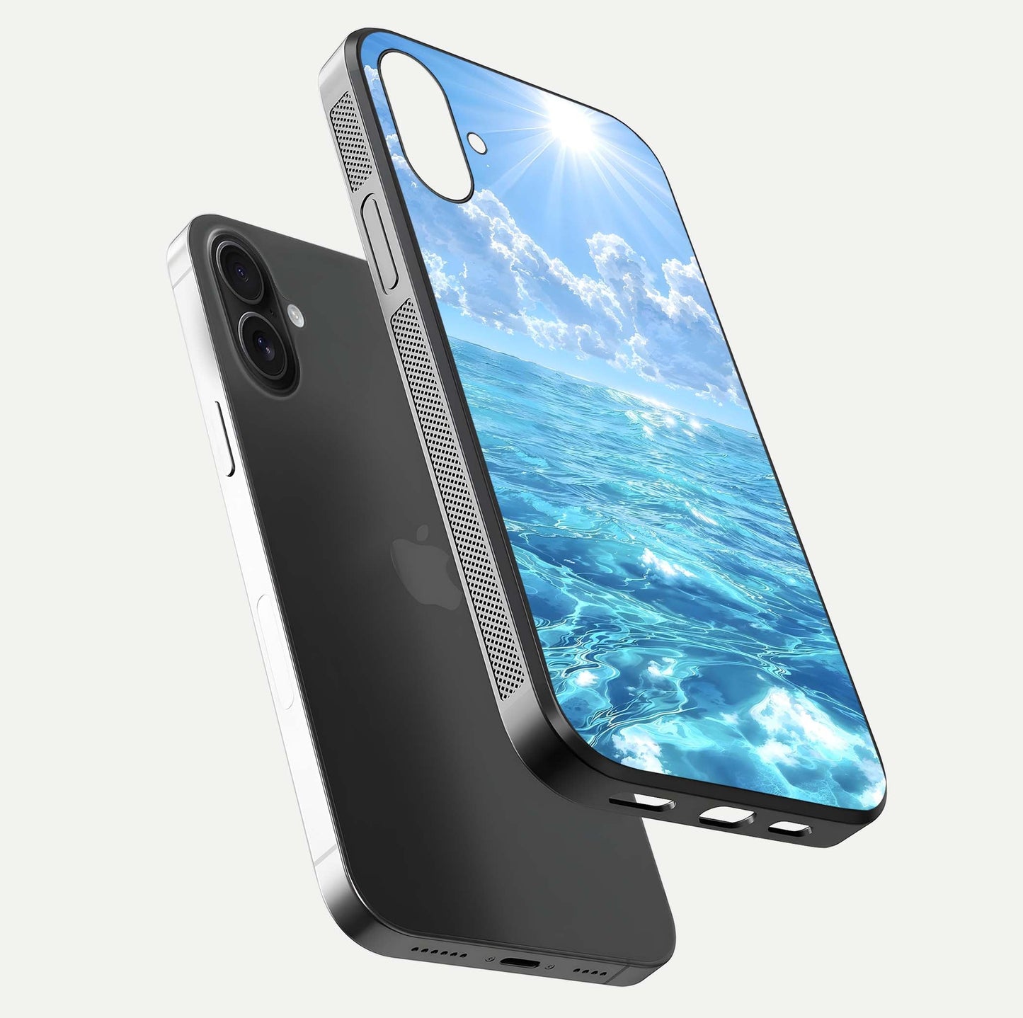 Endless Ocean Horizon Glass Case for iPhone 16 Plus floating mockup showing HD gloss and tranquil color