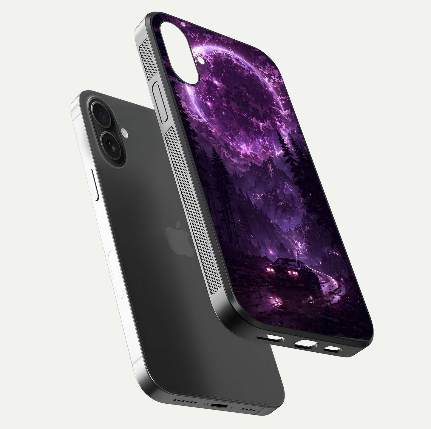 Eternal Cosmic Drive Glass Case for iPhone 16 Plus floating mockup showing glossy polish and vivid glow