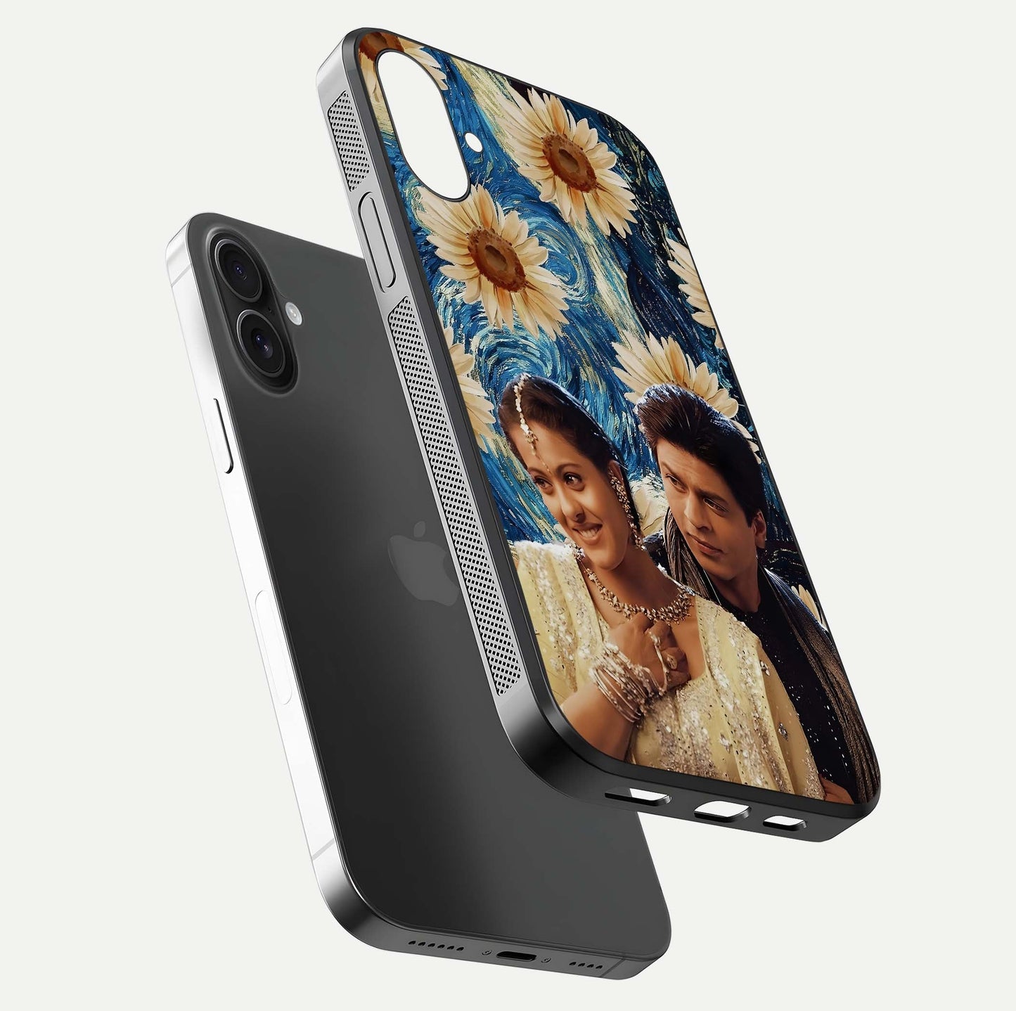 Eternal Love Story Glass Case for iPhone 16 Plus floating mockup showing glossy shine and romantic tone