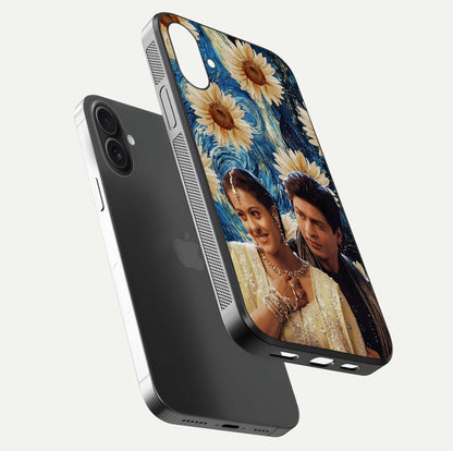 Eternal Love Story Glass Case for iPhone 16 Plus floating mockup showing glossy shine and romantic tone